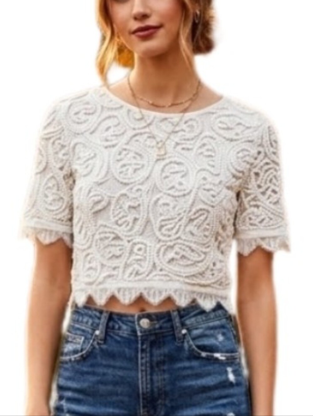 Charlotte Russe Top Macrame & Lace Crop White Size S